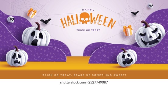 Halloween podium paper cut  vector banner design. Happy halloween trick or treat greeting text with white pumpkins characters in podium stage paper cut background. Vector illustration