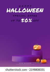 Halloween podium poster, purple podium with pumpkin for product display, Vector illustration