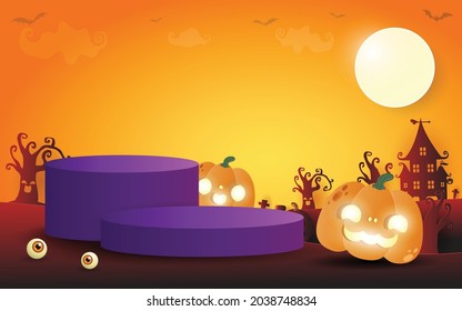 Halloween podium for product display concept, Stand show and showcase with pumpkin patch in the moonlight. Jack O Lantern, vector illustration background halloween Festive Elements paper art style