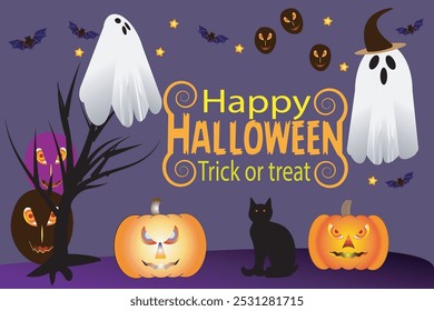 Pódio de Halloween cor roxa, fantasma, morcego voando, abóbora, gato. design de banner em fundo azulado com ilustração de vetor