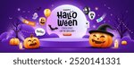 Halloween podium purple color, pumpkin smile, balloons, ghost, candle, and bat flying, banner design on purple background, Eps 10 vector illustration