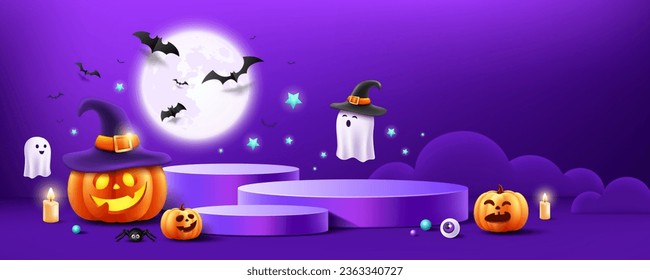 Halloween podium purple color, pumpkin, ghost, candle, and bat, moonnight banner design on purple background, Eps 10 vector illustration
