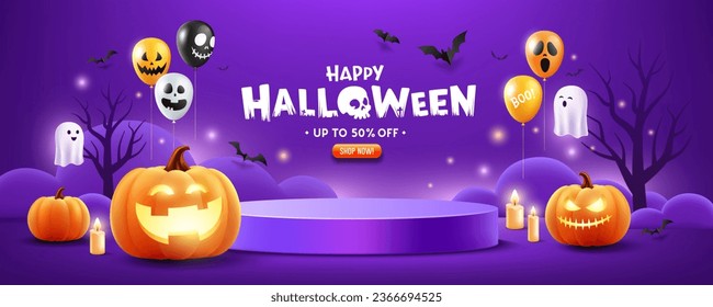 Halloween podium purple color, pumpkin, balloons, ghost, candle, and bat flying, banner design on purple background, Eps 10 vector illustration
