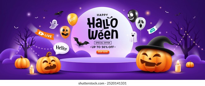 Halloween podium purple color, pumpkin smile, balloons, ghost, candle, and bat flying, banner design on purple background, Eps 10 vector illustration