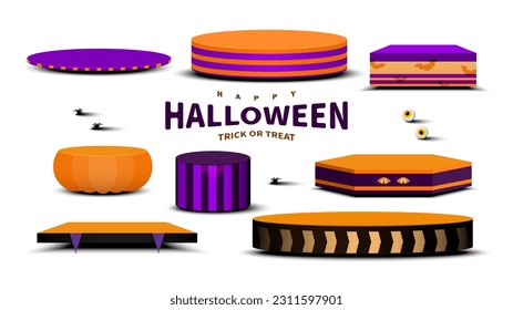 Halloween podium. Set of Halloween pedestal design. Product stand elements on white background. Stage empty for decor products, advertising, show, base, display, and sale. Vector illustration.