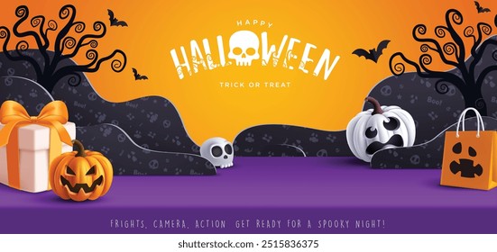 Halloween podium vector banner design. Happy halloween text in podium stage with pumpkins, gift box, paper bag and skull elements in pattern backdrop for party celebration background. Vector 