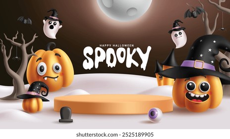 Halloween Podium Vektor Banner Design. Fröhliche Halloween gespenstischen Grußtext mit Kürbis Zeichen und Bühne für Produkt-Anzeige in Nacht gruseligen Banner. Vektorgrafik Trick oder behandeln Podium des