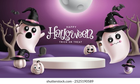 Halloween podium vector banner design. Happy halloween greeting text with podium stage and ghost characters elements decoration in night full moon template. Vector illustration holiday horror promo