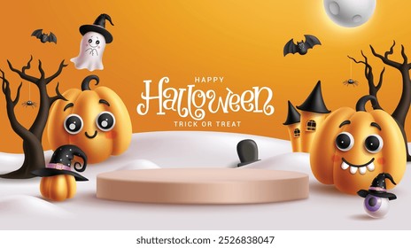 Diseño de Anuncio de Vector de podio de Halloween. Truco de Halloween feliz o texto de saludo de la golosina con caracteres de calabazas para el Anuncio de presentación de la exhibición del producto. Diseño de promoción de horror de vacaciones de Ilustración vectorial. 
