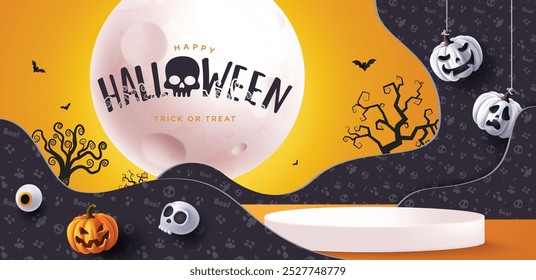 Diseño de Anuncio de Vector de podio de Halloween. Feliz truco de halloween o texto de saludo en Elementos de luna llena con Anuncio de promoción de escenario de podio. Ilustración vectorial horror diseño de la tarjeta espeluznante. 
