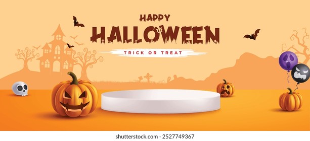 Halloween podium vector banner design. Happy hallloween trick or treat greeting text with pumpkin elements in podium stage for product display promotion. Vector illustration holiday seasonal promo ban