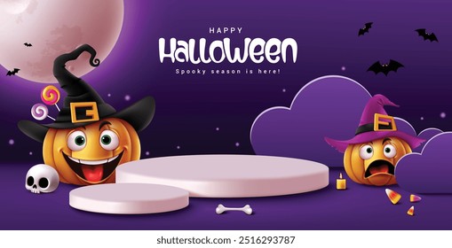 Projeto de modelo de vetor de pódio de Halloween. Feliz texto de saudação de halloween com caracteres de abóboras no palco do pódio para a promoção da exibição do produto. Truque de ilustração vetorial ou tratar banner promocional. 
