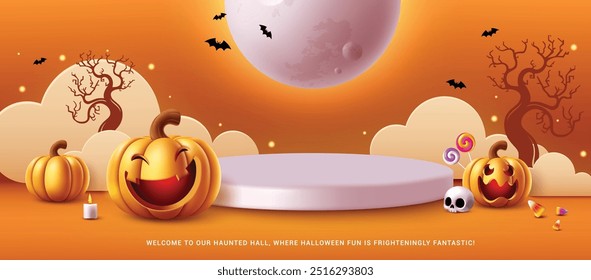 Diseño de Plantilla de Vector de podio de Halloween. Truco de Halloween o etapa de podio para la presentación de la exhibición del producto con Elementos de calabazas y nubes cortadas de papel en fondo naranja. Ilustración vectorial 