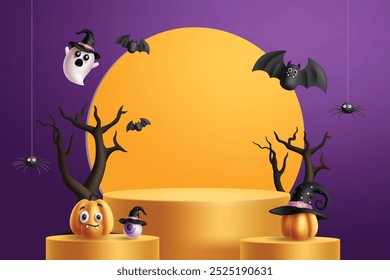 Halloween podium vector template design. Halloween podium stage product display presentation with pumpkins, ghost, bat and spider decoration elements. Vector illustration holiday spooky promo design. 