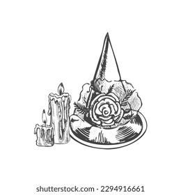 Halloween pointed hat, candles, lantern  isolated  on white background. Hand drawn vector sketch doodle graphic illustration. Halloween party, holiday, cloth, print, icon, logo, paper, decor.