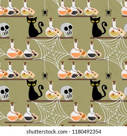 Halloween poison and black cat seamless pattern. Horror and Halloween concept.