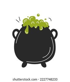 Halloween poison in boiler. Witchcraft and sorcery. Mysticism, imagination and fantasy. Graphic element for website, poster or banner. Potion and dangerous liquid. Cartoon flat vector illustration