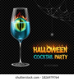 Halloween poison with burning eye. Halloween cocktail party poster. Realistic cocktail glass isolated on transparent background