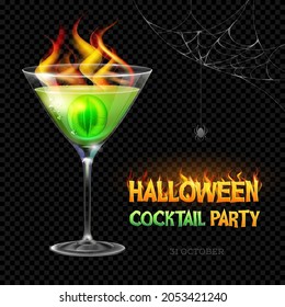 Halloween poison with burning eye. Halloween cocktail party poster. Realistic cocktail glass isolated on transperent background