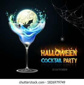 Halloween poison with full moon. Halloween cocktail party poster. Realistic cocktail glass isolated on transparent background