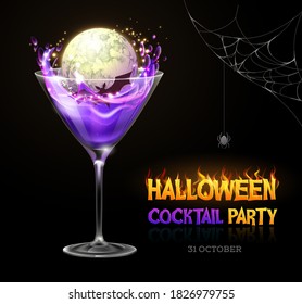 Halloween poison with full moon. Halloween cocktail party poster. Realistic cocktail glass isolated on transparent background