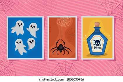 Halloween poison spider and ghosts cartoons in frames design, Holiday and scary theme Vector illustration