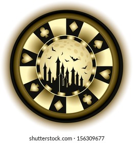 Halloween poker chip and castle, vector illustration