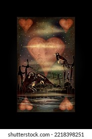 Halloween poker hearts card, cemetery and dead crow, vector illustration