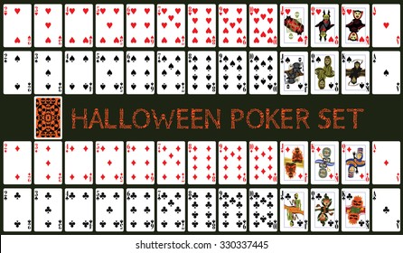 Halloween poker set with isolated cards on dark green background