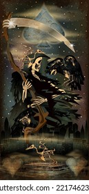 Halloween Poker Spades Card Grim Reaper With Crow Skeleton In Night City , Vector Illustration