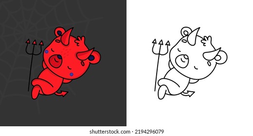 Halloween Polar Bear Clipart For Coloring Page And Illustration. Adorable Halloween Animal. Cute Vector Illustration Of A Kawaii Halloween Bear In Devil Costume.
