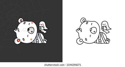 Halloween Polar Bear Clipart Multicolored And Black And White. Beautiful Halloween Animal. Cute Vector Illustration Of A Kawaii Halloween Bear In Mummy Costume.
