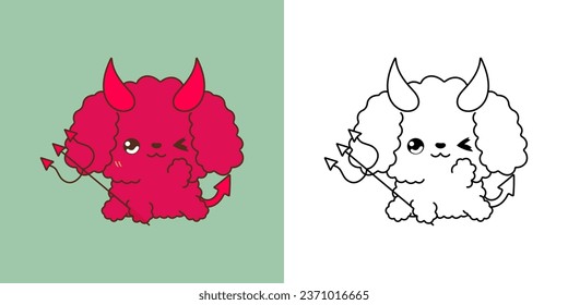 Halloween Poodle Dog Multicolored and Black and White. Beautiful Clip Art Halloween Puppy. Cute Vector Illustration of a Kawaii Halloween Animal in Devil Costume. 