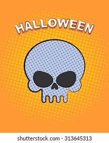 Halloween pop art. Skull on an orange background of points. Vector retro illustration for dreaded holiday.