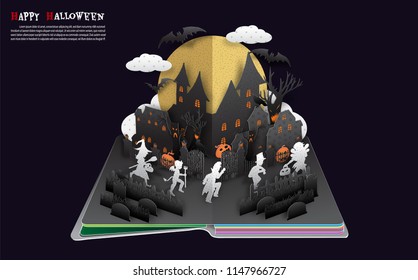 Halloween Pop Up Book From Vector.A Group Of Kids Are Running Happily On Halloween Night