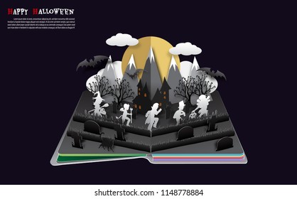 Halloween pop up book from vector.A group of kids are running happily on Halloween night