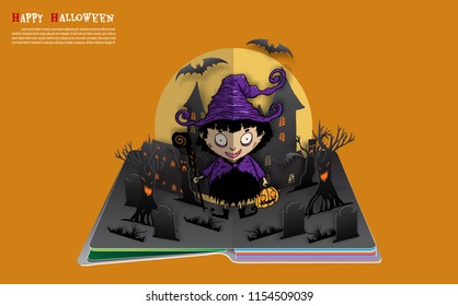 Halloween pop up book from vector.little witch  happily on Halloween night