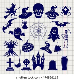 Halloween popular elements sketch on notebook background. Vector illustration