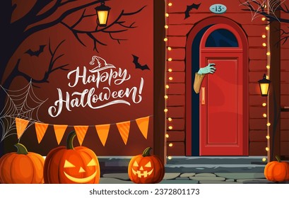 Porche y puerta de Halloween con mano zombie. Jardín delantero vectorial con decoración festiva. Calabazas de linternas de Jack, murciélagos espeluznantes y guirnaldas en terraza con brazo espeluznante salen del marco de la puerta