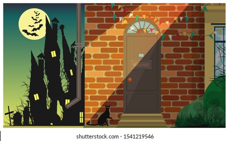 Hallowe'en. Porch of the house. Light of a lantern and a black cat with burning eyes. In the background is the silhouette of a creepy house on the edge of the cemetery. Vector illustration