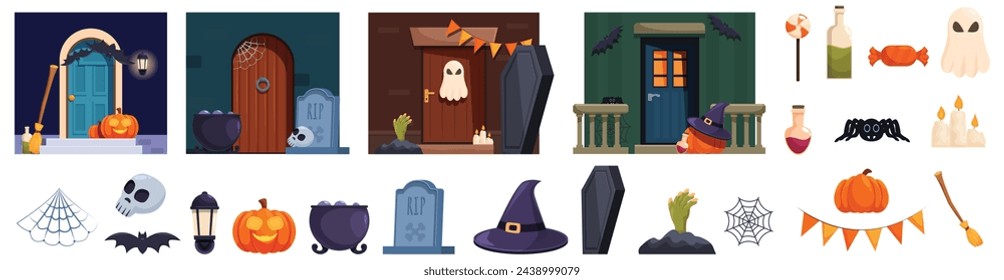 Halloween porch icons set cartoon vector. Welcome decoration. Pumpkin glowing