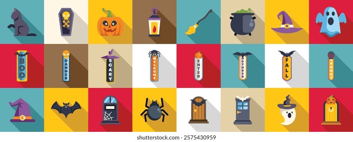 Halloween porch icons set. Halloween icons set in flat style isolated on colorful background with long shadow