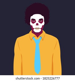 Halloween portrait of african man with skeleton make-up. Halloween carnival costume. Colorful vector illustration in flat cartoon style.