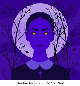 Halloween Portrait of a girl with eyes glowing in the dark. Young witch. Vector flat illustration