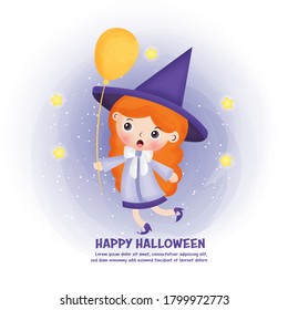 Halloween-Postkarte mit süßer Hexe.