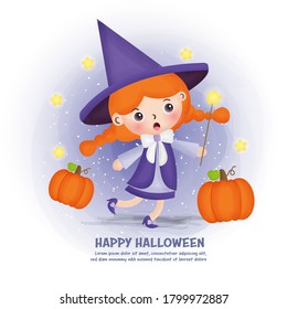 Halloween post card with cute witch and pumpkins.
