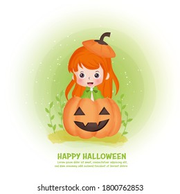 Halloween post card with cute witch and pumpkin in water color style.