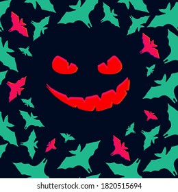 Halloween post card with evil grin and colorful buts on a dark blue background. Seamless pattern. Vector illustration