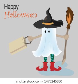 Halloween post card or greating card with Ghost with broom and bag. For web, video games, user interface, design, banner or flyer