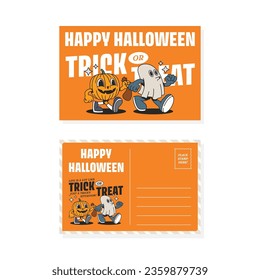 halloween post card with pumpkin and ghost vintage mascot